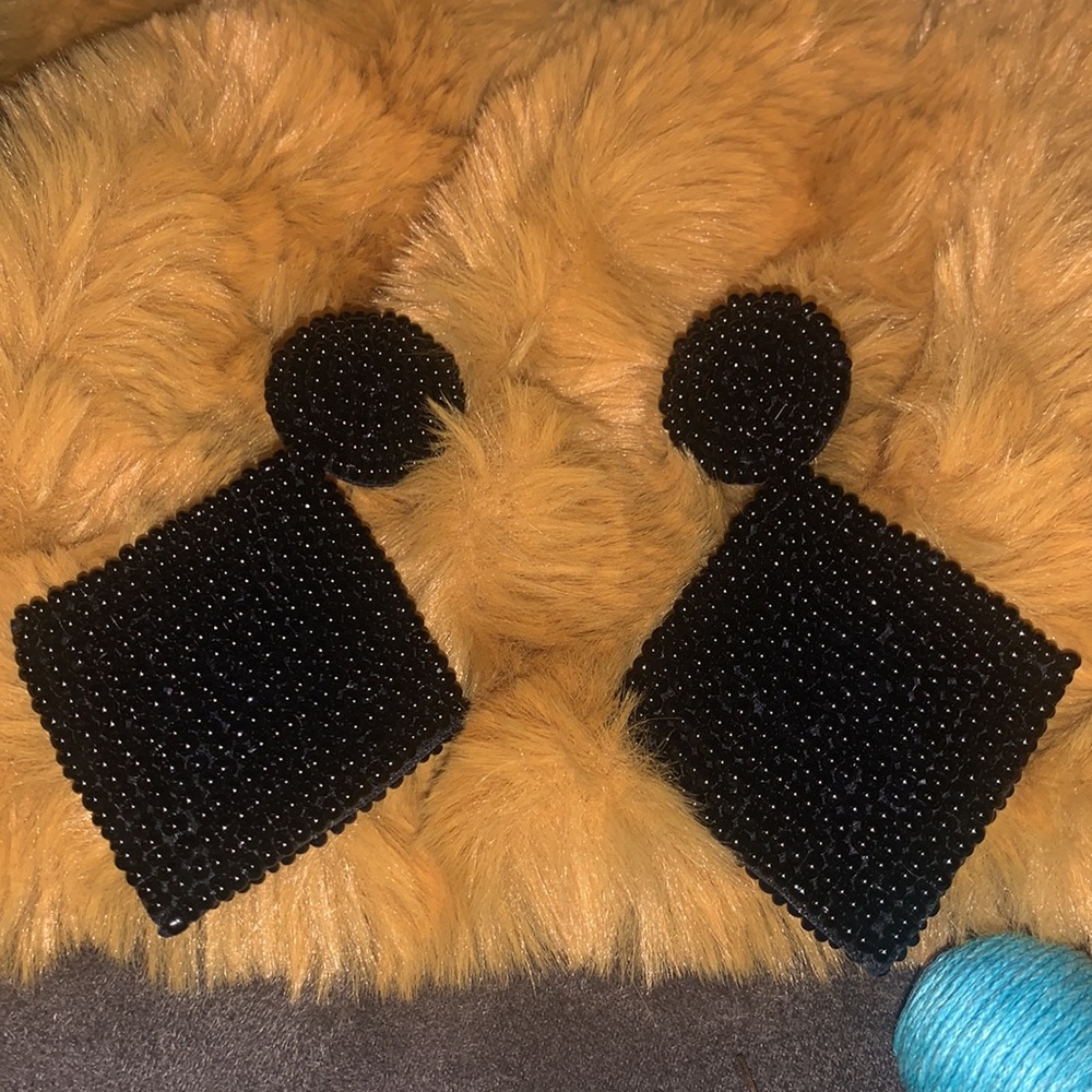 Kenneth Jay Lane black beaded diamond shaped drop earrings